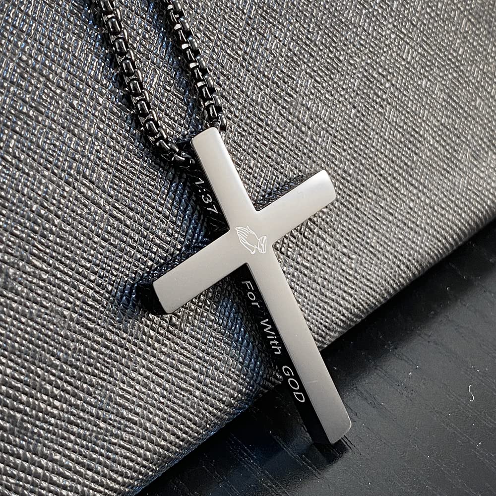 KouGeMou Black Cross Necklace Crucifix Bible Verse Jesus Cross Stainless Steel Catholic Pendant Jewelry with 23' Chain