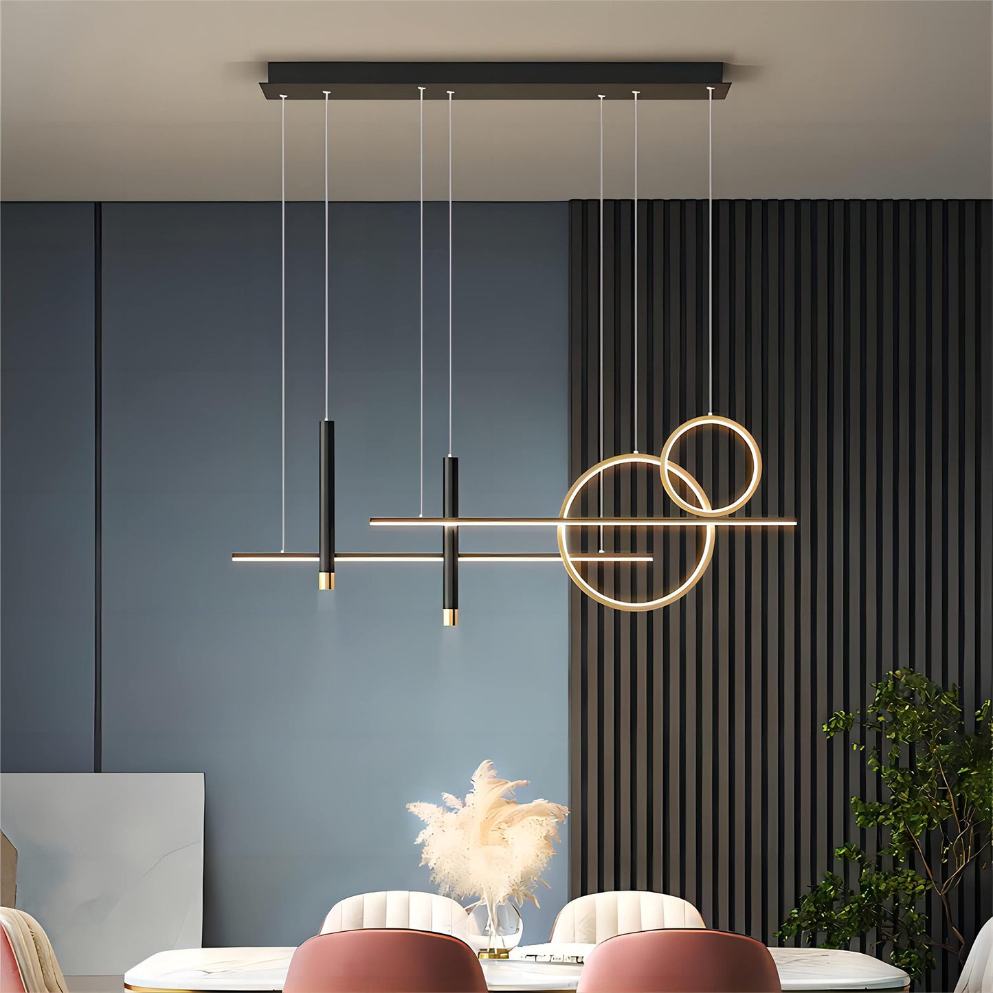 Generic 6 Lights LED Island Light, 39.4in Geometric Pendant, Metal, Remote Control, Dimmable, Black Gold, Model 8656