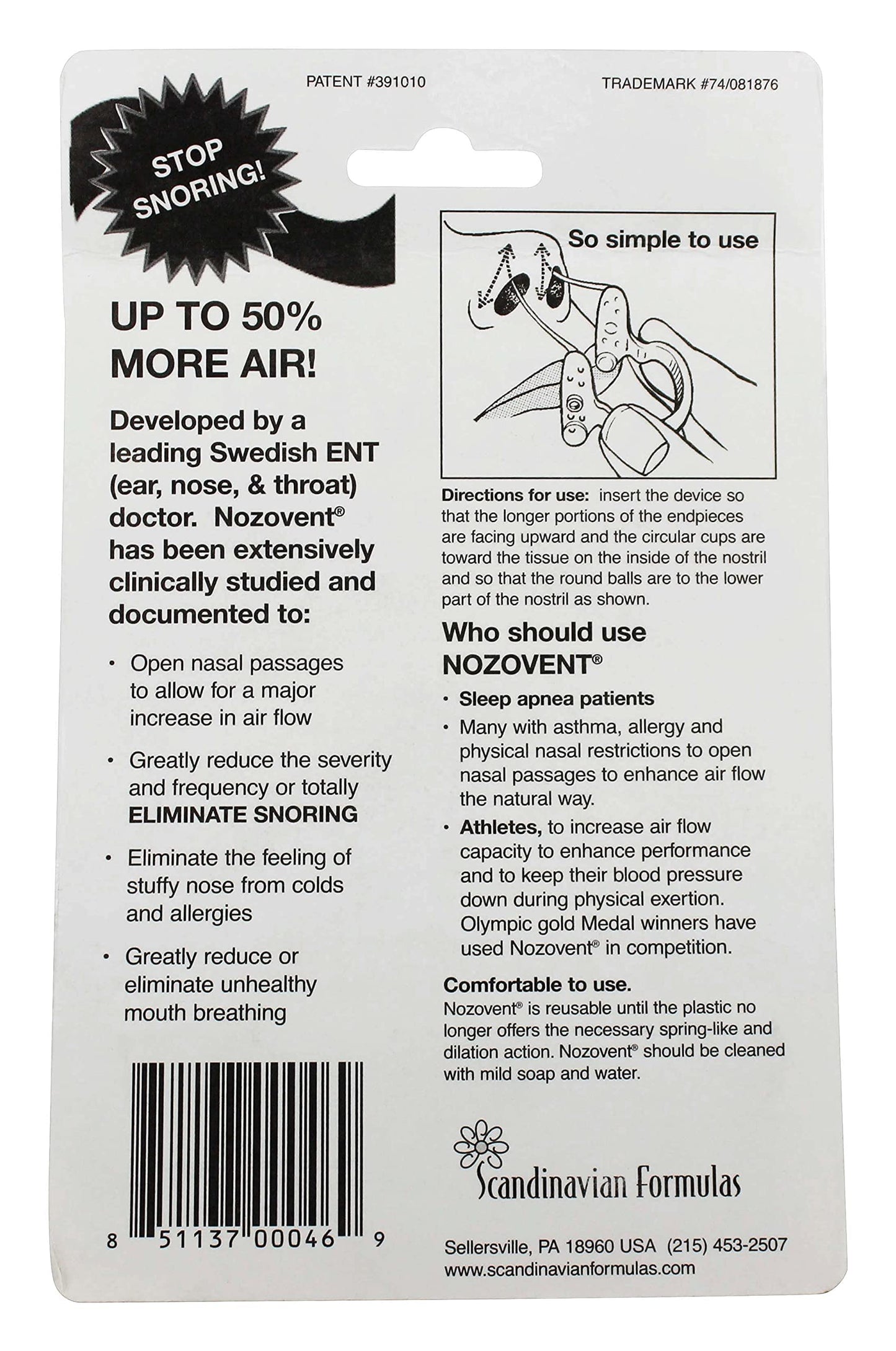 Scandinavian Formulas Nozovent Anti-Snoring Device, 2 Count