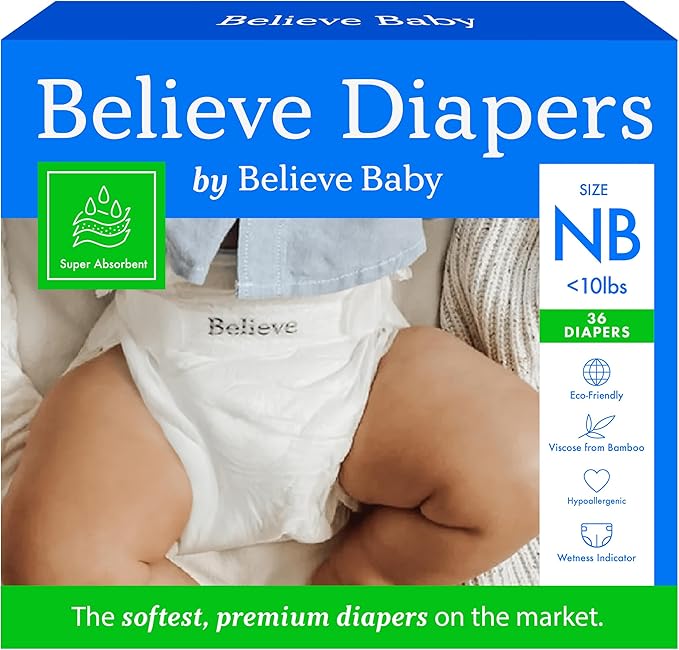 Believe Diapers Size Newborn (<10Lbs) Viscose Bamboo Diapers 36 Count – Natural Baby Diaper, Chemical Free and Fragrance Free Natural Diaper for Sensitive Skin, Super Absorbent with Leak Protection