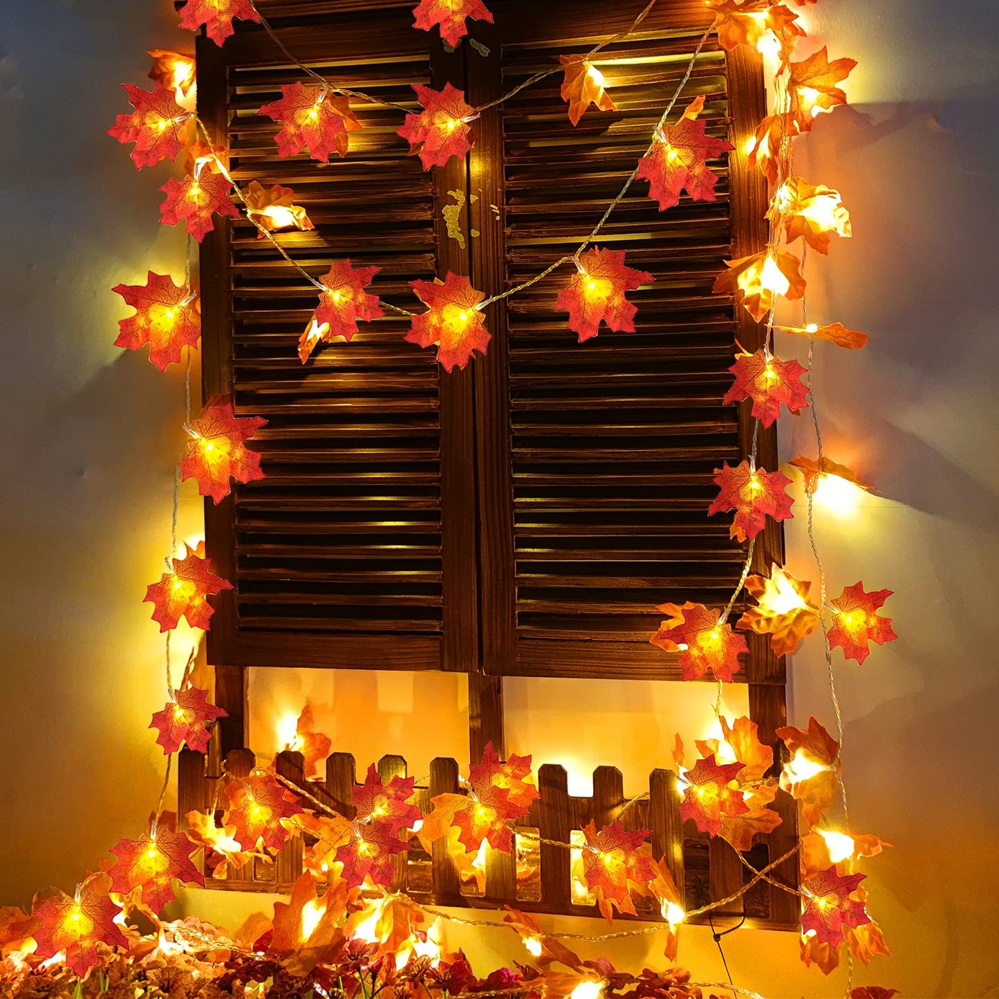 TURNMEON Thanksgiving Decorations 2 Pack Fabric Cloth Maple Leaf Garlands 20Ft 40LED White Waterproof Indoor Outdoor