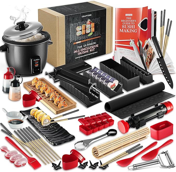 All-Inclusive 𝗣𝗥𝗘𝗠𝗜𝗨𝗠 Sushi Making Kit for Beginners & Professionals - Sushi Maker with Rice Cooker, Reusable Chopsticks, Bazooka, Sushi Roller, Book - Sushi Kit for Family BPA-Free