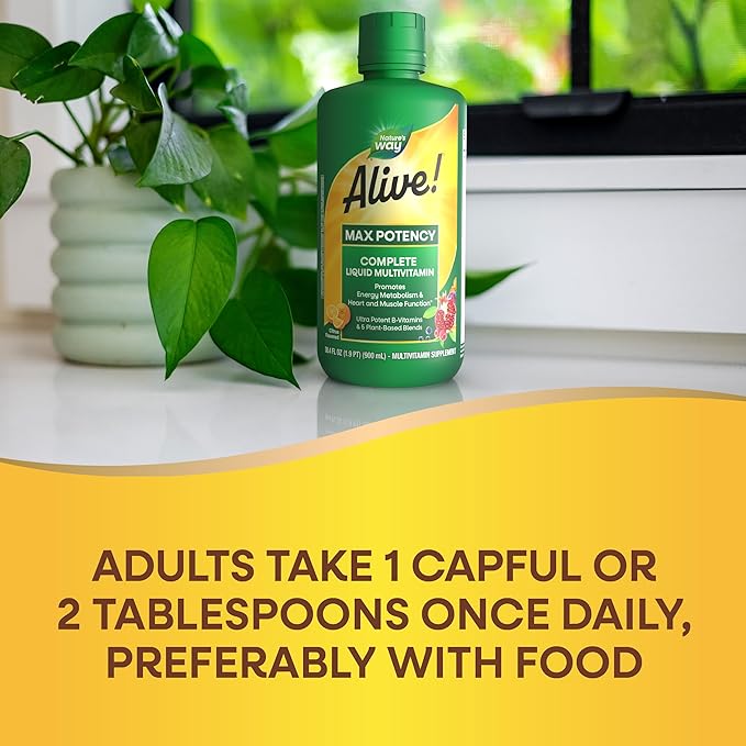 Nature's Way Alive! Max Potency Complete Liquid Multivitamin for Women and Men, Antioxidants Beta Carotene, Vitamins C & E, and Food-Based Blends, Citrus Flavored, 30.4 Fl Oz