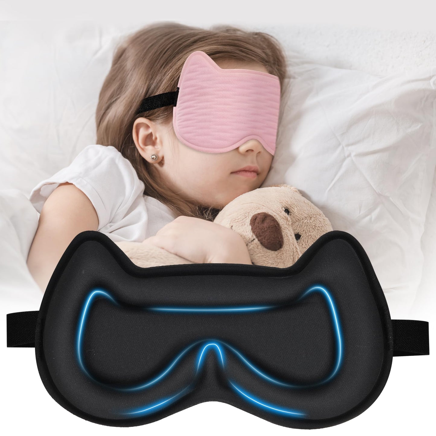 3D Kids Sleep Eye Mask: 3D Contoured Cup Sleeping Masks, Blindfold Sleep Eye Cover with Adjustable Strap, Memory Foam Lightweight Night Eyeshade for Boys Girls Teens (Pink)