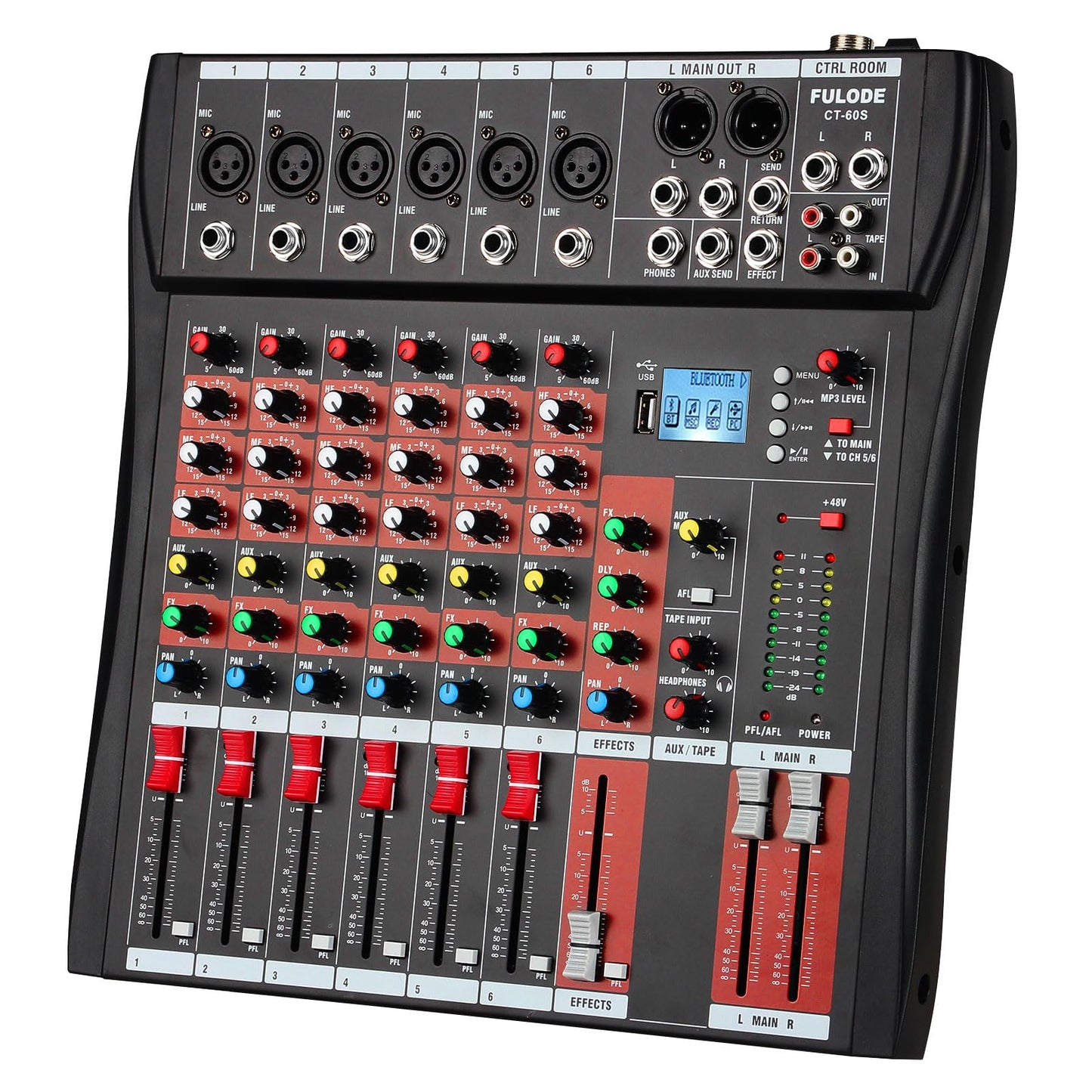 FULUODE 6 Channel Mixer Audio Console, CT-60S Professional Music Mixer DJ Mixing Board with Reverb Bluetooth MP3 Player 48V Phan