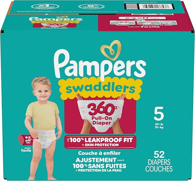 Pampers Diapers - Swaddlers 360° - Size 5, 52 Count, up to 100% Leakproof Comfy Dry Fit, Designed for Easy Changes, Pull On Baby Diaper (Packaging May Vary)