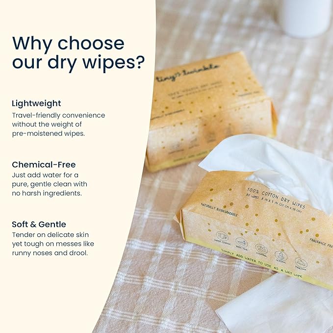 Tiny Twinkle 100% Cotton Dry Wipes for Baby | 480 Count | Use Wet or Dry | Scent Free (Fragrance-Free), Hypoallergenic & Chemical-Free | Ultra Soft, Strong & Gentle for Sensitive Skin