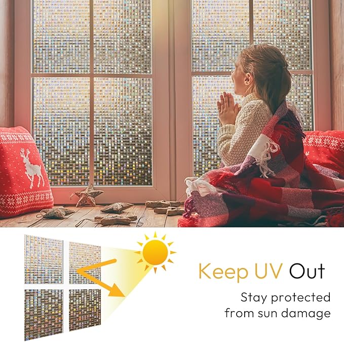 rabbitgoo Window Privacy Film Stained Glass Window Film, Mosaic Rainbow Decorative Glass Cling, Removable Static Cling Tint, Non-Adhesive Privacy Covering for Home, Brown, 35.4 x 157.4 inches