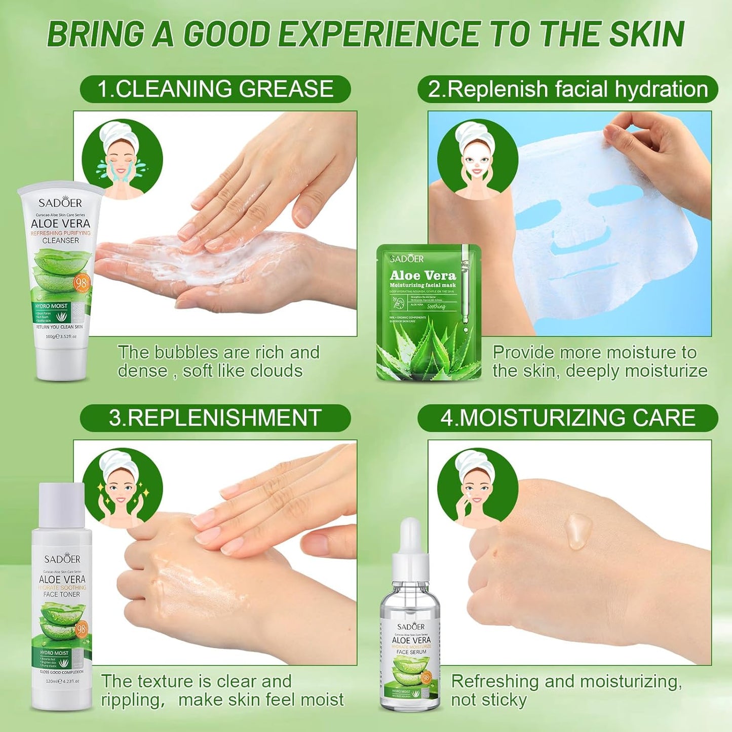 10 Pcs Skin Care Sets Face Care Set for Women Includes 1 Pcs Cleanser, Toner, Lotion, Eye Cream, Serum, Face Cream, Lip Balm and 3 Facial Masks Skincare Gift for Girls (Aloe Vera)