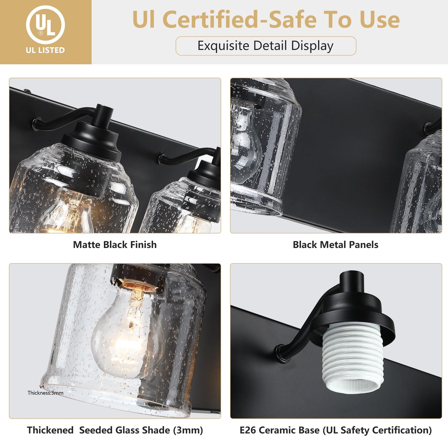 YKLITG Bathroom Vanity Light, 2-Light Black Metal with Bubble Glass Shades, Model BD005 S, 15.8in Farmhouse Rustic Decor