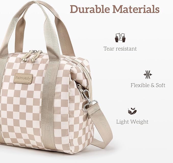 Lunch Bag Women Insulated Lunch Box,Cute Lunch bags,Reusable Large Capacity Leakproof Cooler Bag with Adjustable Shoulder Strap for Men Adult Work Office Picnic Travel Checkered Brown