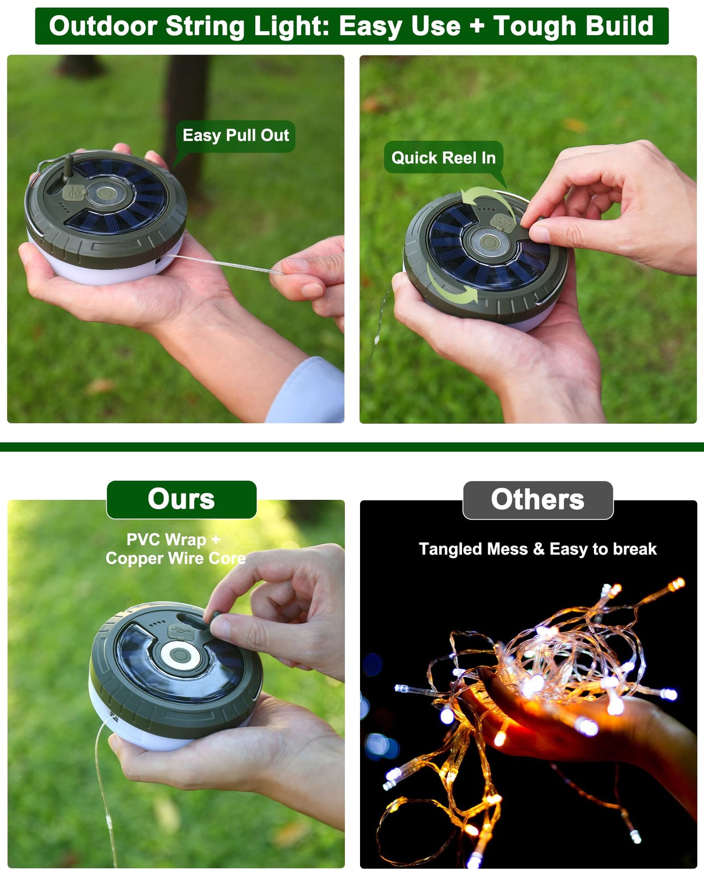 Toiysyy Solar String Lights, 32.8FT Waterproof Fairy Lights, 5 Modes, USB Rechargeable, Portable Green Tent Lights, Model MH-0518