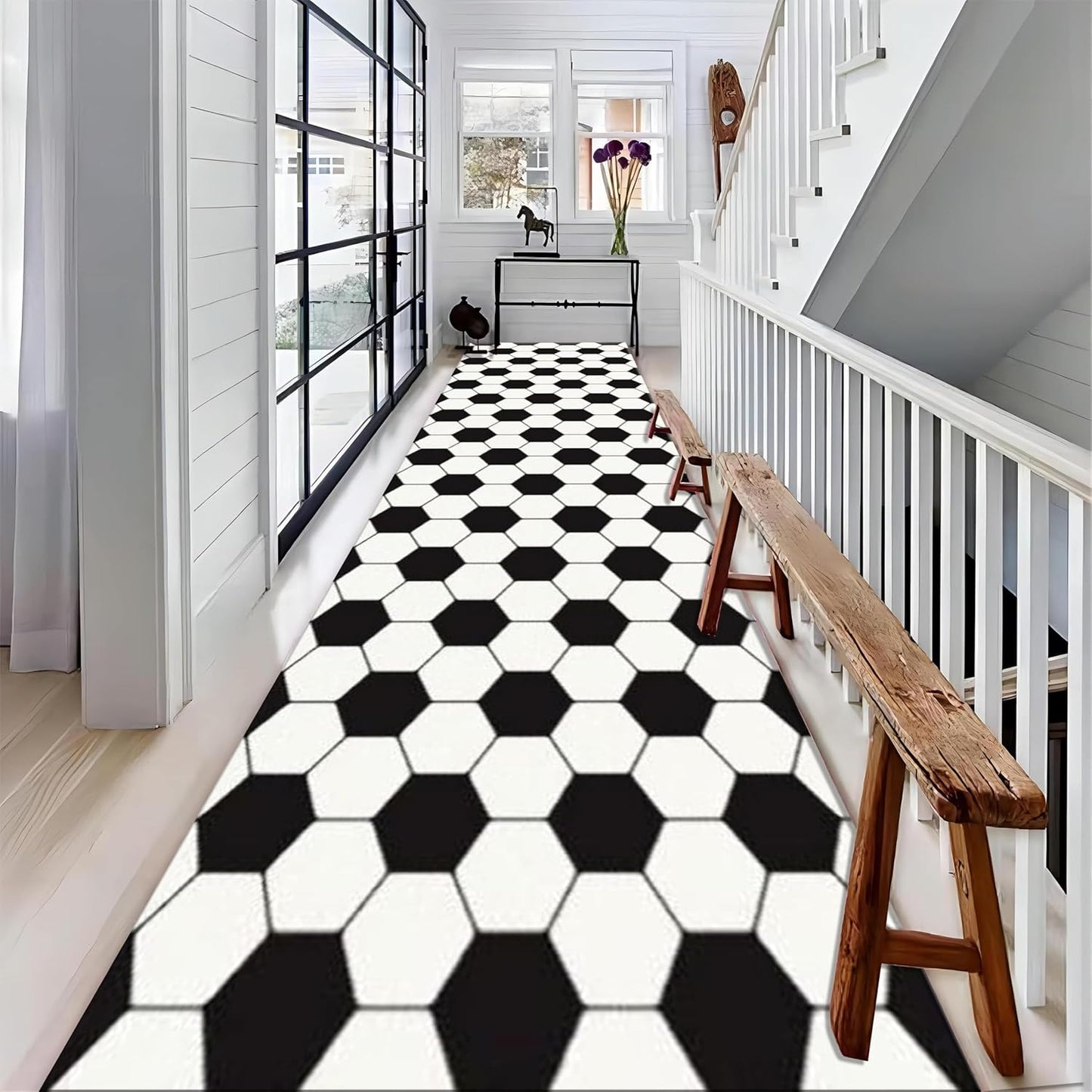 Football Pattern Runner Rugs for Hallway, 4x12ft, Black White Geometric Entrance Rug, Machine Washable High Traffic Rug, with Non Slip Backing Absorbent Carpet for Entryway Living Room