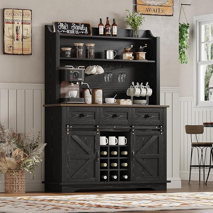 63 Inch Tall Coffee Bar Cabinet with 3-Tier, Kitchen Hutch with 3 Large Drawers, Farmhouse Coffee Bar with 9 Wine Racks & 3 Glass Holders, Wine Storage Cabinet for Living Dining Room, Black