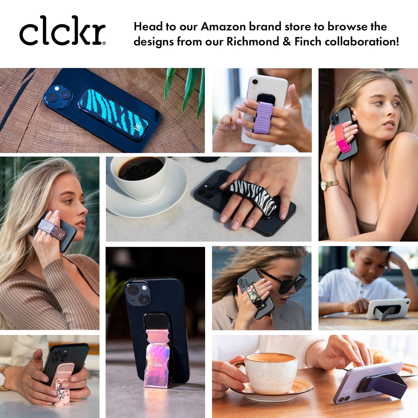 Clckr Cell Phone Grip And Expanding Stand, Universal Phone Grip Holder With Multiple Viewing Angles For Iphone 14/13/12, Samsung