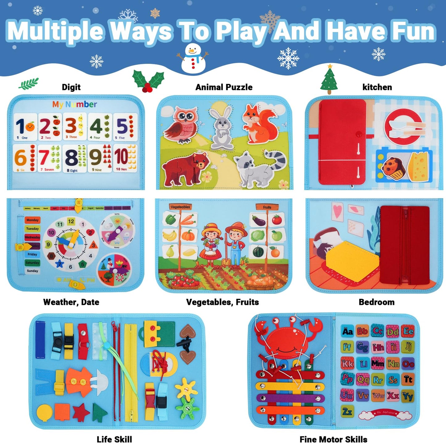 MEGRANATE Montessori Busy Board, Baby Busy Book Educational Learning Toys for Toddlers Quiet Book Activity Books Buckle Toy Fine Motor Skills Toys for 1 2 3 4 5 Year Old Kids (Blue)