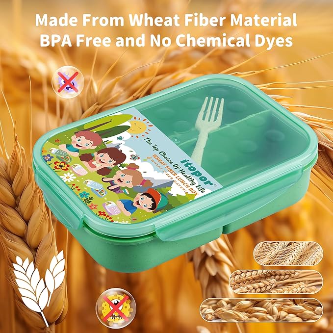 Wheat Straw Bento Box, BPA-Free Lunch Box for Kids & Adults - Leakproof 3-Compartment Lunch Containers with Utensil, Microwave/Dishwasher Safe, 5.5 Cup Green