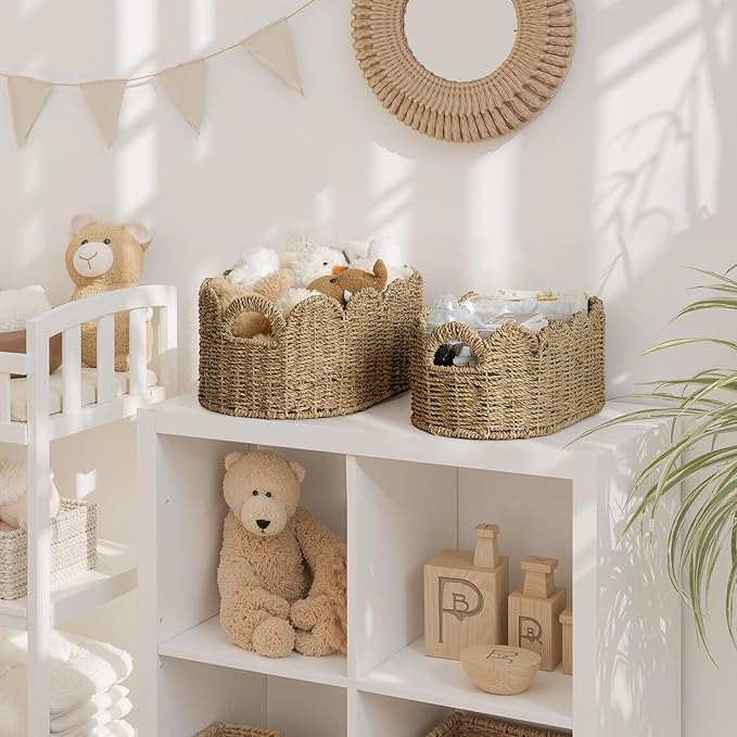 StorageWorks Scalloped Wicker Basket, Hand-woven Rattan Baskets with Built-in Handles, Cute Baby Basket for Nursery, Seagrass Baskets for Organizing and Decor, 2 Pack