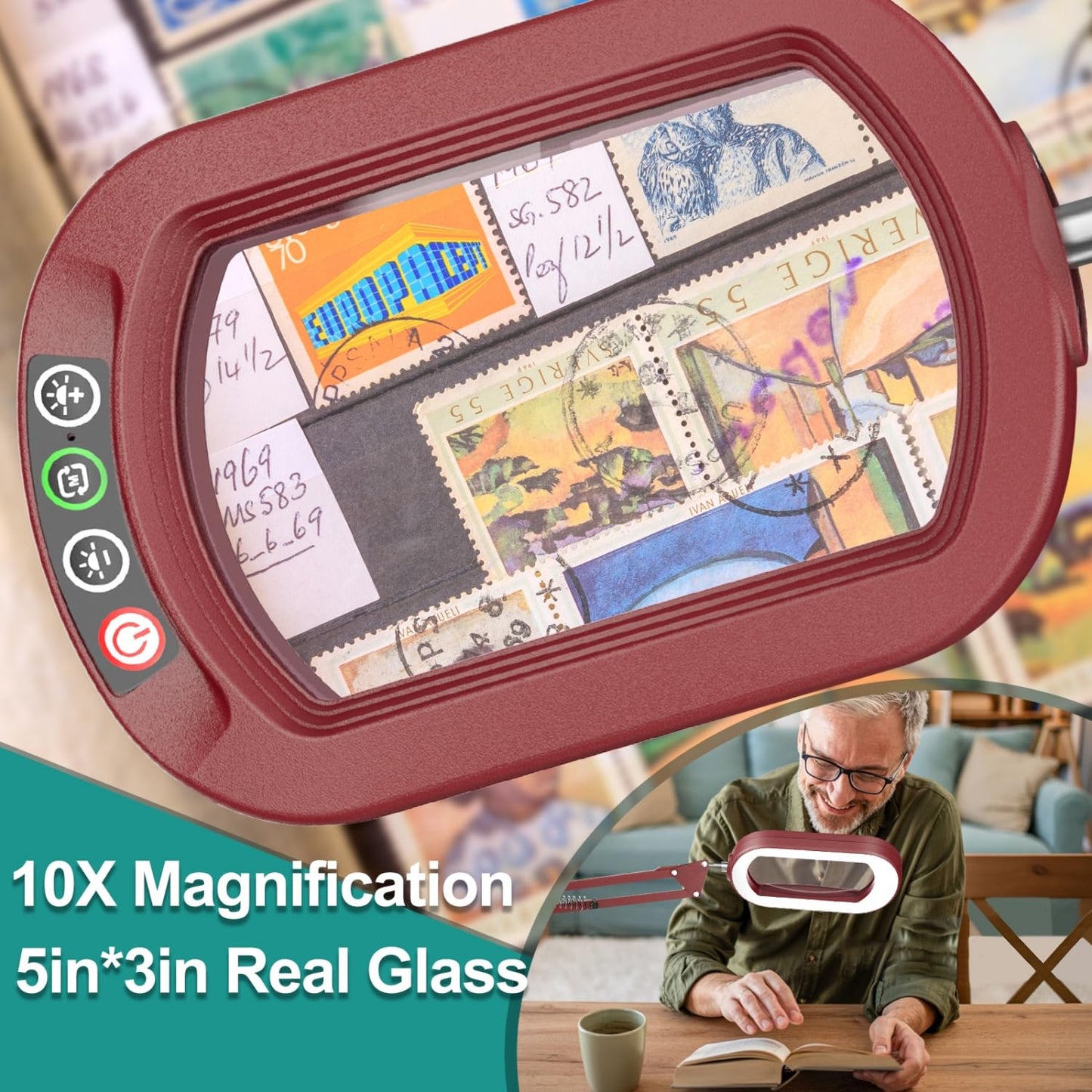 IVMAIE 10X Magnifying Glass with Light, Stepless Dimmable, LED Clamp Desk Lamp, Red, Model JZ602
