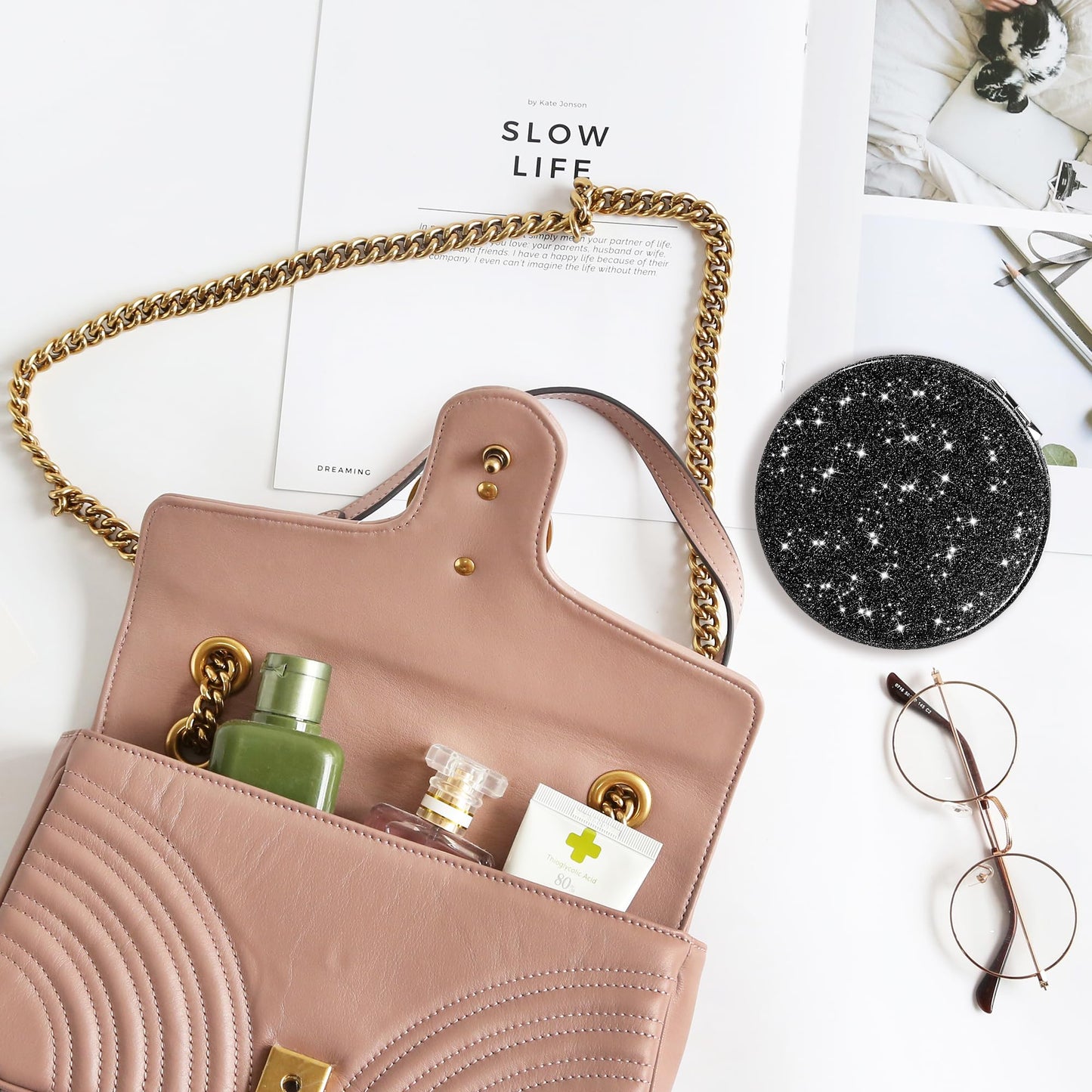 Dynippy Compact Mirror 3.15 inch Double-Sided 1X/2X Magnifying Bulk Pu Leather Makeup Mirrors Round Mirror for Purses Small Pock