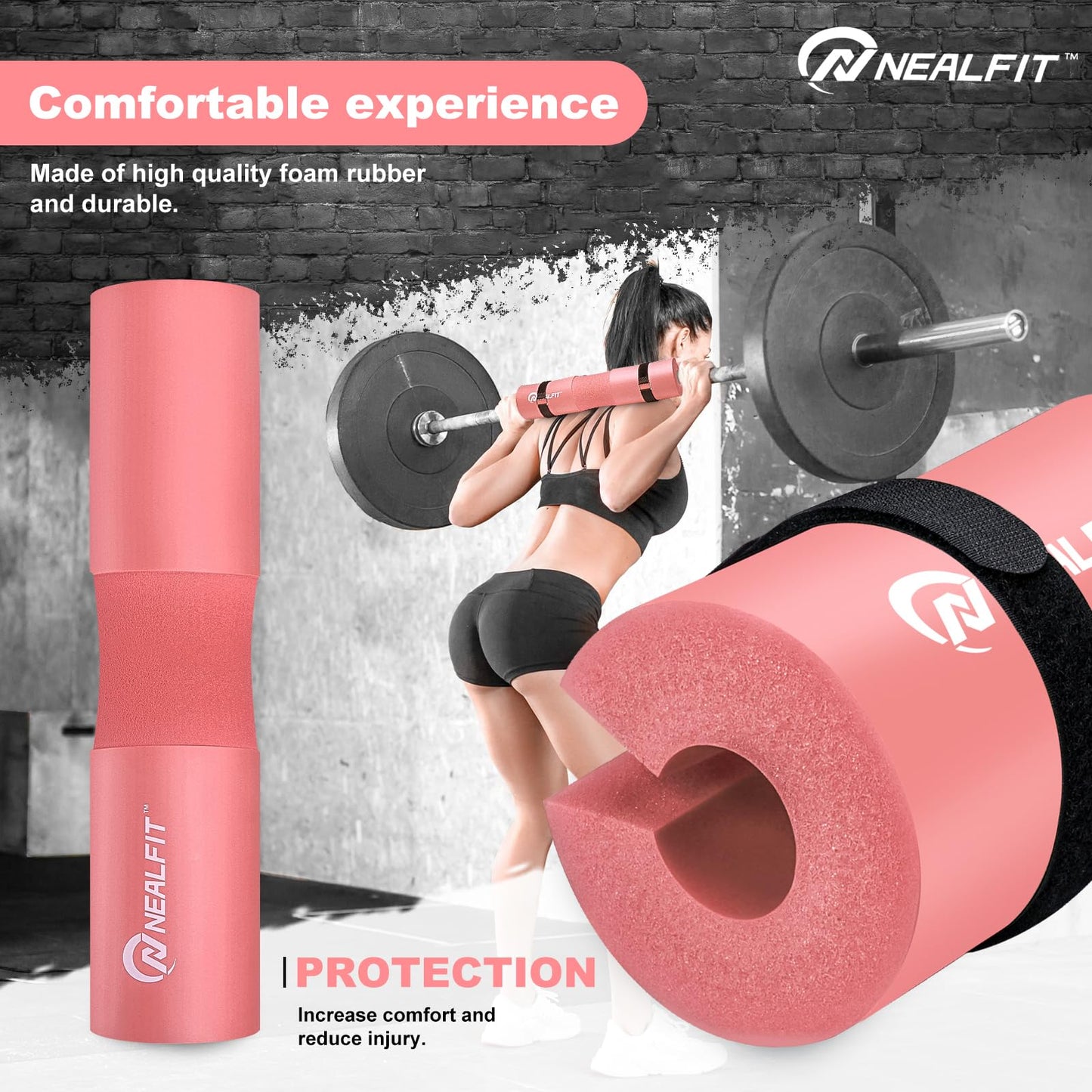 NEALFIT Barbell Pad Squat Pad for Squats—Squat Bar Pad—Great for Weightlifting,Lunges and Hip Thrusts—Foam Sponge Pad—Fit Standard and Olympic Bars Perfectly (Light Pink)