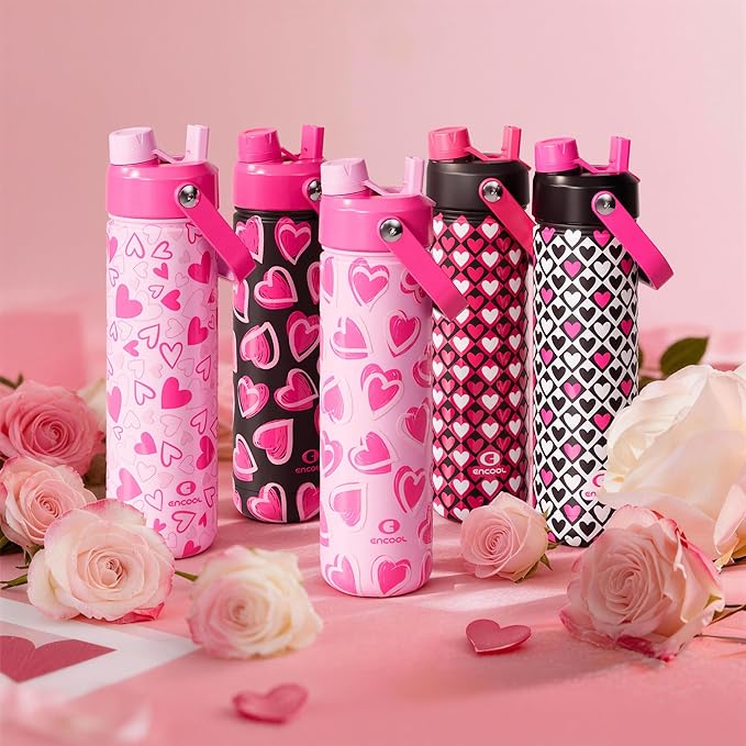 ENCOOL Valentine's Day Insulated Water Bottle with Straw Stainless Steel Water Bottle, Leak-Proof, BPA-Free, Keeps Cold for 24 Hours for Sports, Travel, School (26 oz, Sketch Hearts Pink x Pink)