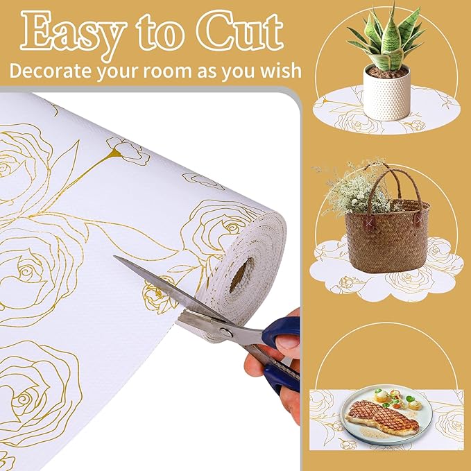Shelf Liners for Kitchen Cabinets 17.5in x 20FT Non Adhesive Drawer Liner Gold Floral Thickened Shelf Liner Paper Strong Non-Slip Easy to Clean for Tool Box Refrigerator with Knife and Tape Measure