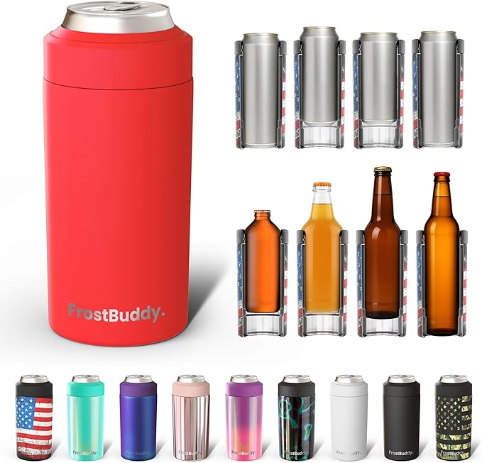 Frost Buddy Universal Buddy Can Cooler - Fits All - For Regular 12 & 16 oz or Slim-Size Bottles - Insulated Double-Walled Stainless Steel (Red)