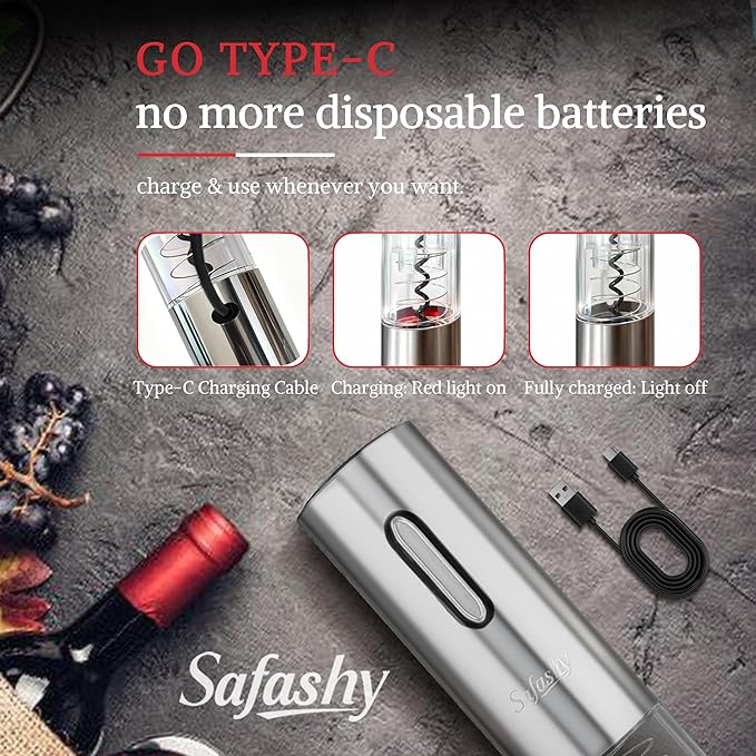 5 IN 1 Rechargeable Electric Wine Opener, Stainless Steel Automatic Bottle Corkscrew with Foil Cutter, Vacuum Stopper, Wine Pourer, One Touch Bottle Winer Gift Set for Christmas, Party