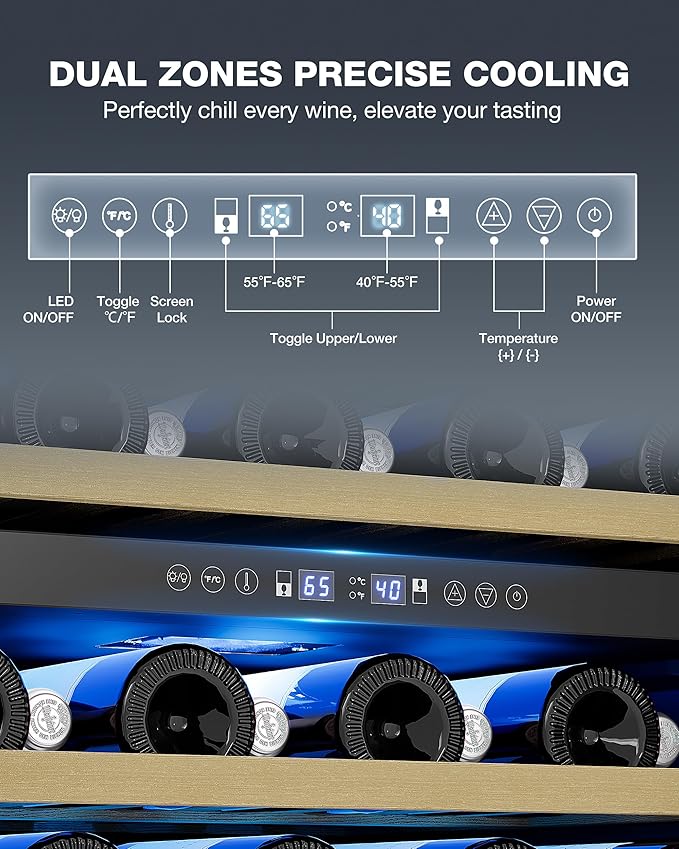 24 Inch Dual Zone Wine Refrigerator, 54 Bottle Under Counter Wine Fridge for Built-in or Freestanding, Wine Cooler with Glass Door, Removable Shelves for Home, Office (Blcak)