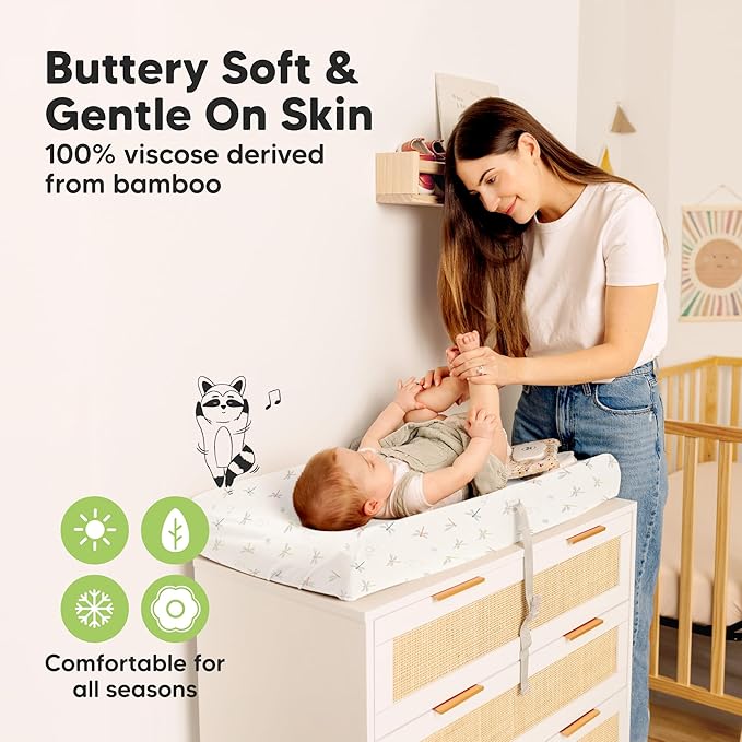 2-Pack Baby Changing Pad Cover for Girl, Boy - 32x16 Soft Viscose Derived from Bamboo Baby Diaper Changing Table Pad Cover Sheets, Neutral, Snug Fit Nursery Diaper Change Sheets (Meadow)