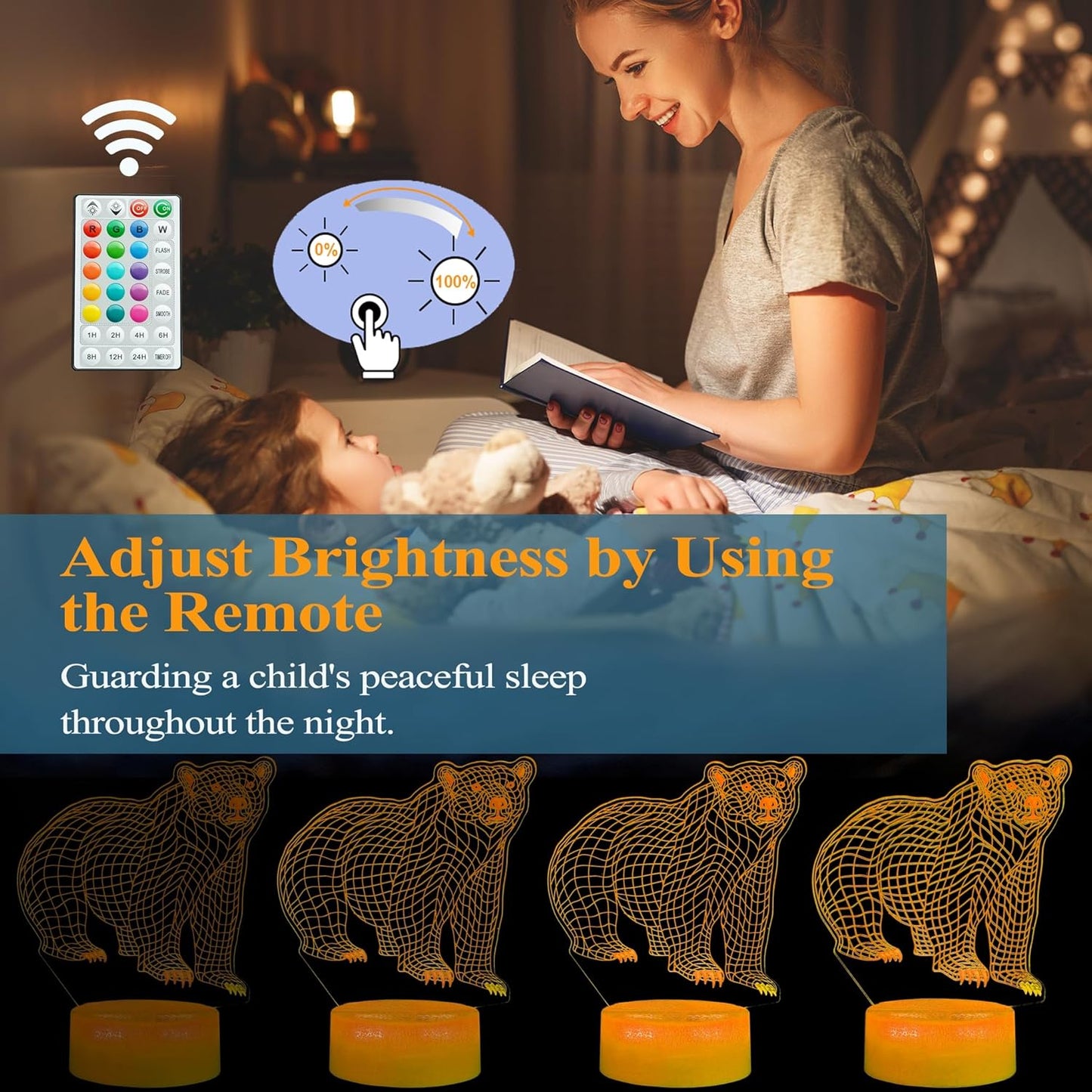 Polar Bear Night Light, 3D Illusion Lamp, RGB16 Colors Changing, Remote Control, Dimmable, Kids Room Decoration, Xmas Bear Gifts