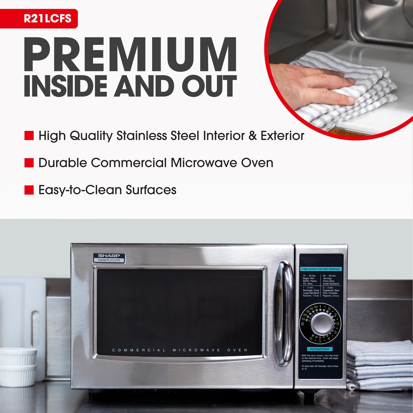Sharp R-21LCFS Medium-Duty Commercial Microwave Oven with Dial Timer, Stainless Steel, 1000-Watts, 120-Volts