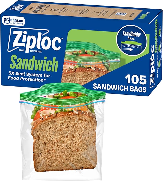Ziploc Sandwich and Snack Bags, Easy Open and Close, Plastic Food Storage Bags, 105 Bags Total (Packaging May Vary)