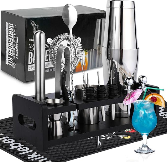 Nikleberry Premium 20 Piece Cocktail Shaker Set with Weighted Boston Shaker and Stand | Bartender Kit with Large Spill Cat...