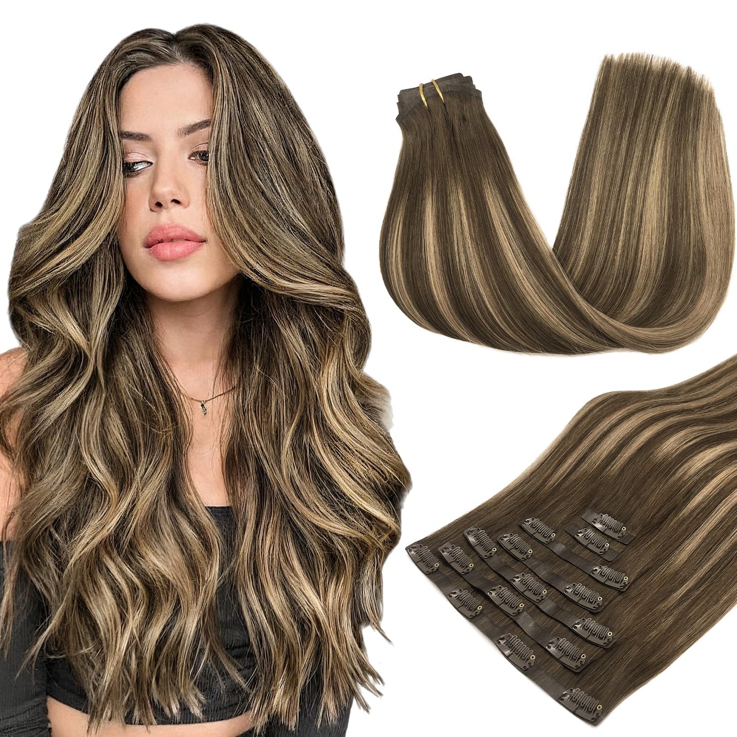 Seamless Hair Extensions Clip in, 7pcs 110g Balayage Chocolate Brown to Caramel Blonde 22 Inch, MAXITA Remy Clip in Hair Extensi