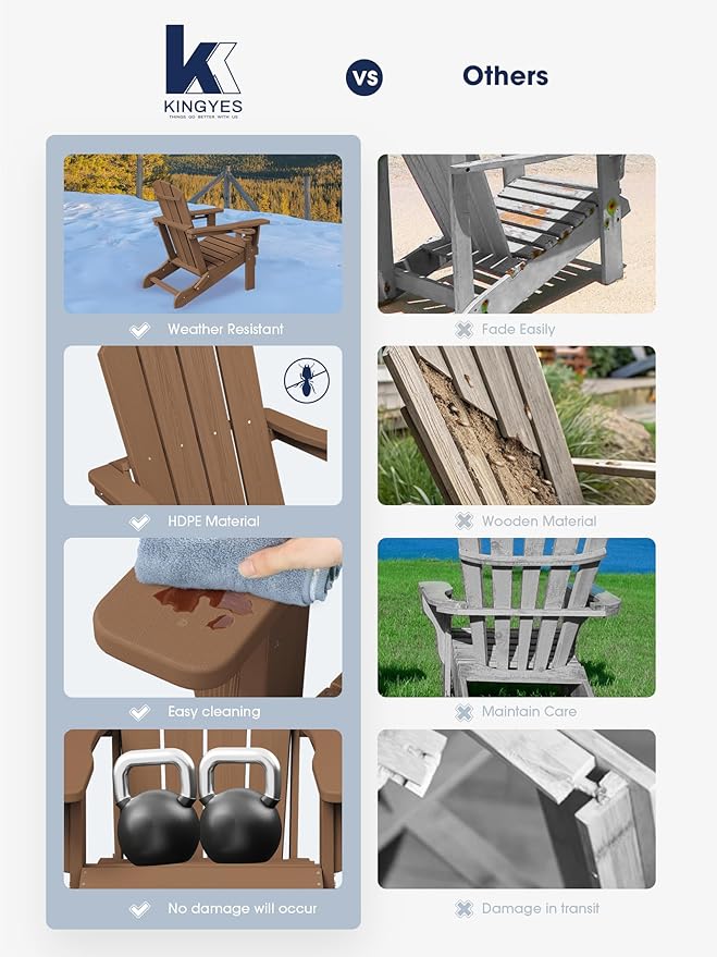 KINGYES Folding Adirondack Chair Set of 8, Dual Cup Holders & All-Weather HDPE, Wood-Like Patio Chair for Backyard, Camping, Pool & Fire Pit, Brown