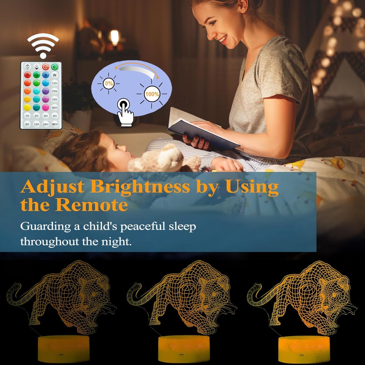 Panther Night Light, 3D Illusion Lamp, 16 Colors Changing, Timer, 4 Flash Modes, Dimmable, Kids Room Decoration, Xmas Panther Gifts
