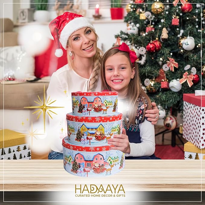 Pack of 3 Christmas Cookie Tins With Lids, Festive Holiday Cookie Tins for Treats & Gifts, Multipurpose Storage Container for Cookies, Snacks & More With Multicolor Christmas Wonderland Design