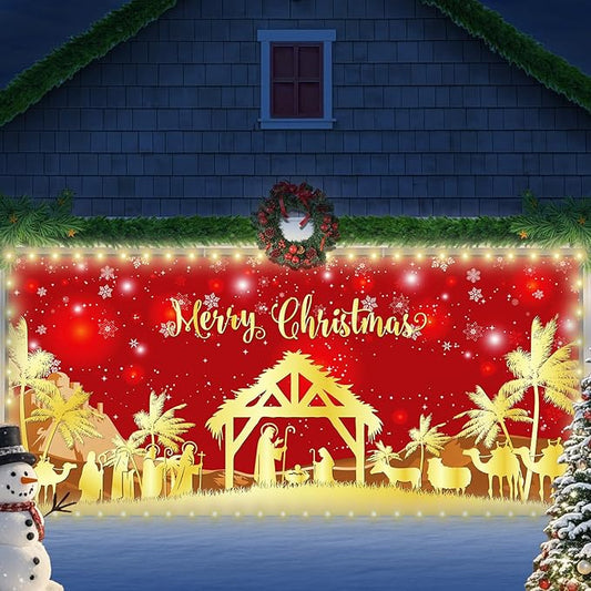 Christmas Garage Door Banner Decorations Red Jesus Christmas Garage Door Cover with LED Lights Large Holy Nativity Religio...