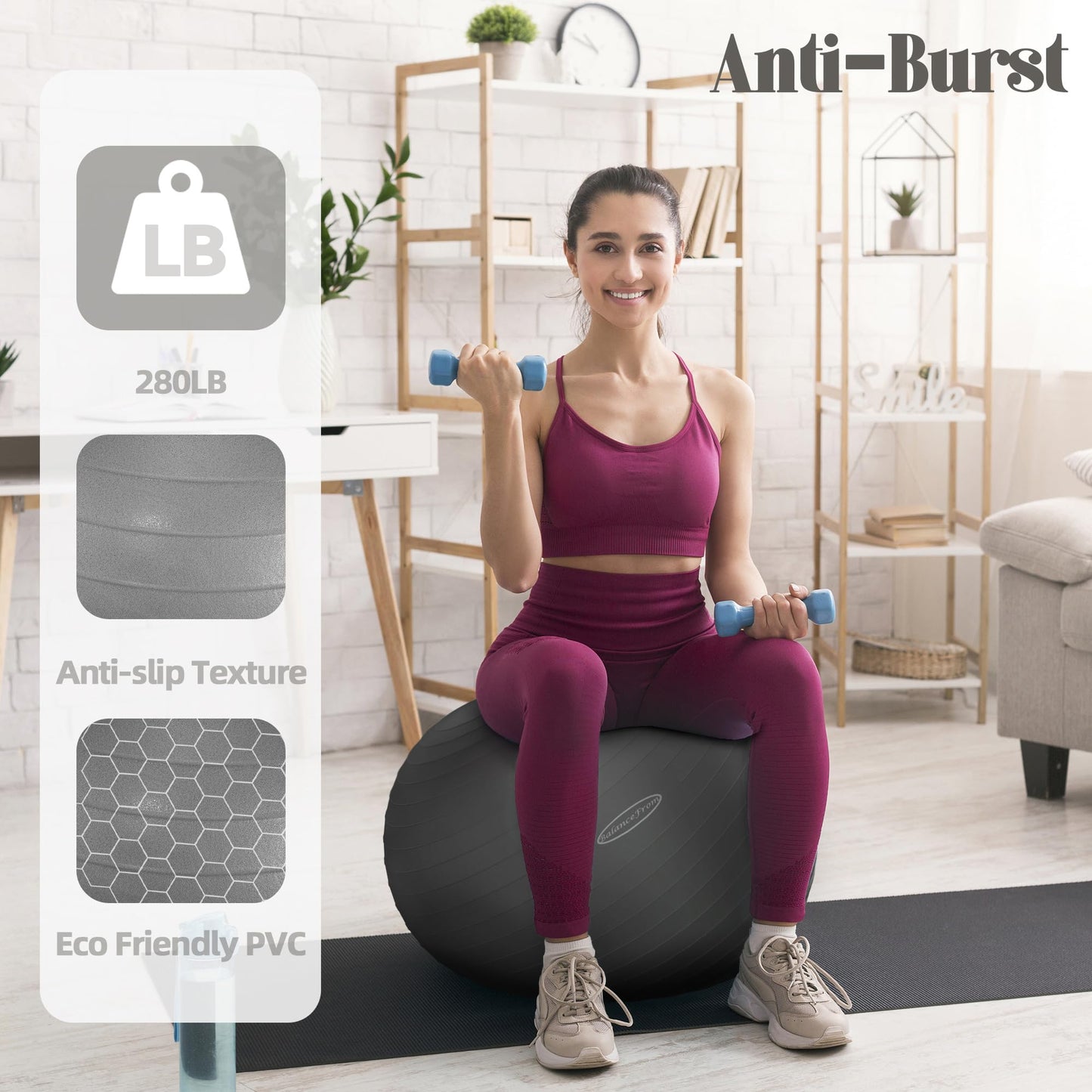 Fitvids Anti-Burst Slip Resistant Exercise Ball with Quick Pump, 2,000-Pound Capacity, 19-22 inch, M
