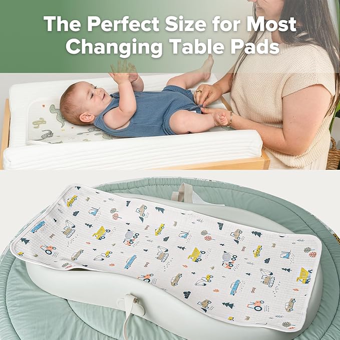 haakaa Waterproof Changing Pad Liners, 100% Cotton, Soft & Breathable (2pcs, 13" x 27.5" Construction Crew+Dino Land)