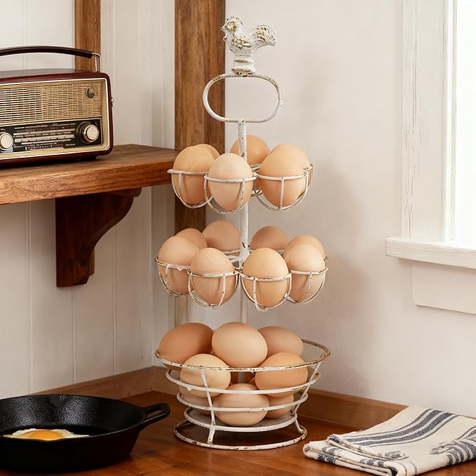 Vintage White Metal Egg Holder with Rooster Top - 2-Tier & Bottom Basket Design, Farmhouse Distressed Decor Egg Storage Rack for Kitchen Countertop Decor (White with Gold)