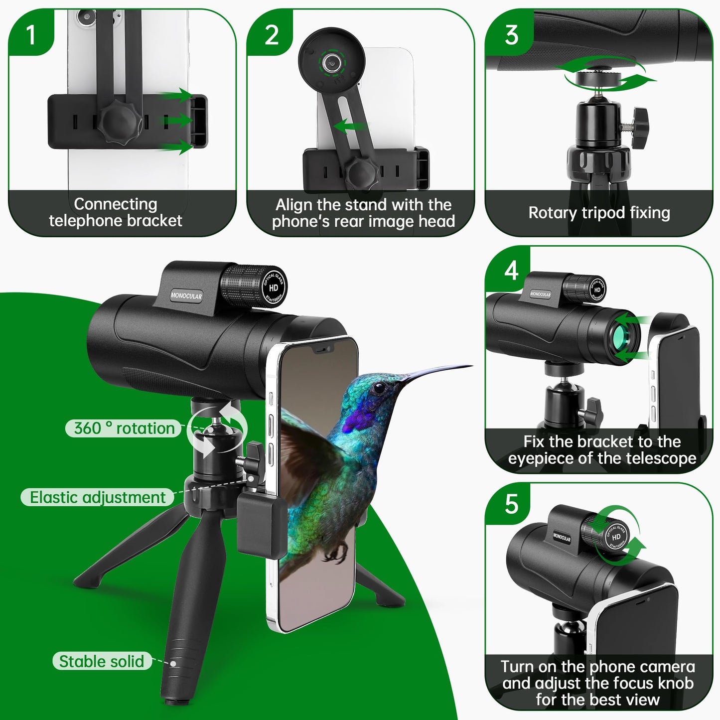 80X100 Monocular Telescope High Powered For Smartphone High Definition Monoculars For Adults With Adapter/Tripod For Bird Watchi