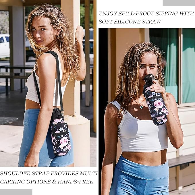 Fimibuke 32 oz Water Bottle with Sleeve - BPA Free Leakproof Sport Large 1L Plastic Motivational Water Bottle with Straw Strap & Insulated Neoprene Holder Carrier Bag Great Xmas Gift for Women Men