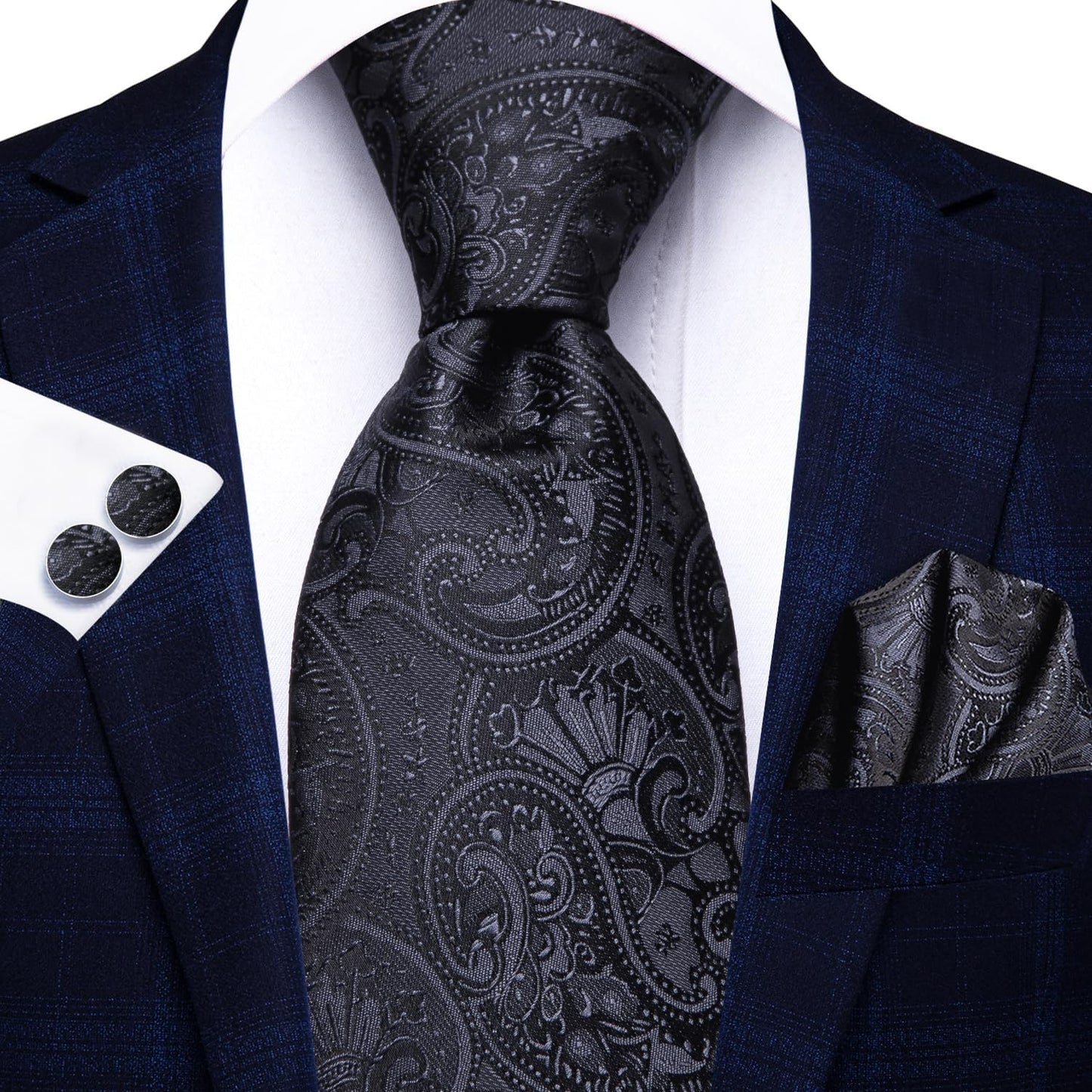 Hi-Tie Men 63inches Tie Set Extra Long Necktie Paisley Tie Pocket Suqare Cufflinks Big and Tall Men Tie