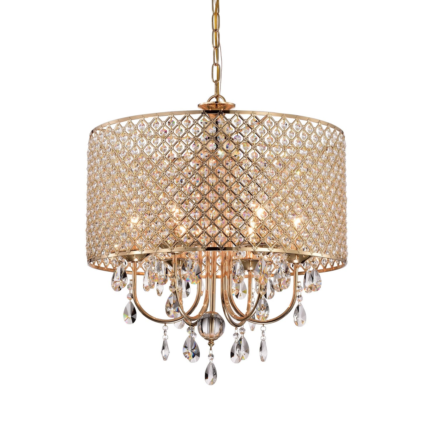 Edvivi 6-Light Drum Crystal Chandelier, Gold Finish With Hanging Tear Drop Crystals, Adjustable Lighting For Dining Room And Entryway
