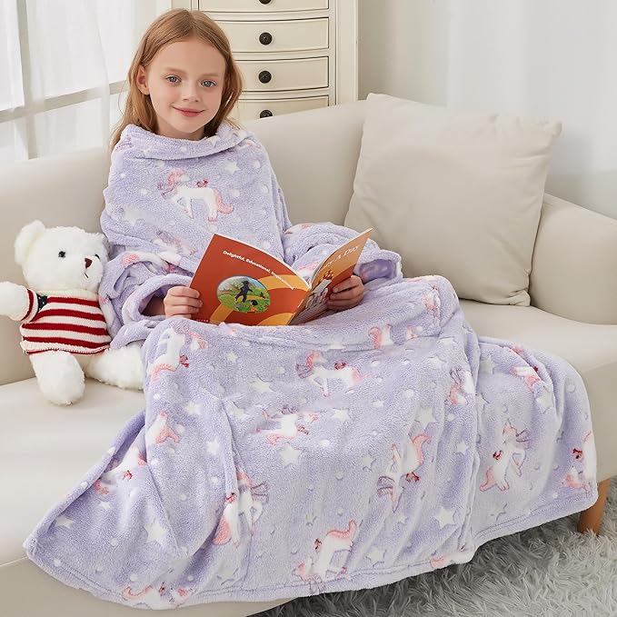 Softan Kids Wearable Fleece Blanket with Sleeves & Foot Pocket for Kids Girls Boys, Lightweight Soft Blanket,Glow in the d...