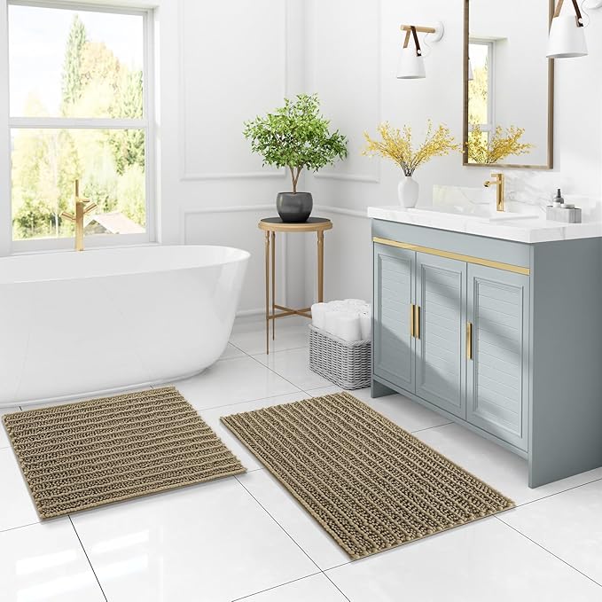 Arotive Luxury Chenille Bathroom Rug Mat, Extra Soft Thick Absorbent Shaggy Bath Rugs, Non-Slip Machine Wash Dry, Plush Bath Mats for Bathroom, Shower and Tub, 54x24, Camel