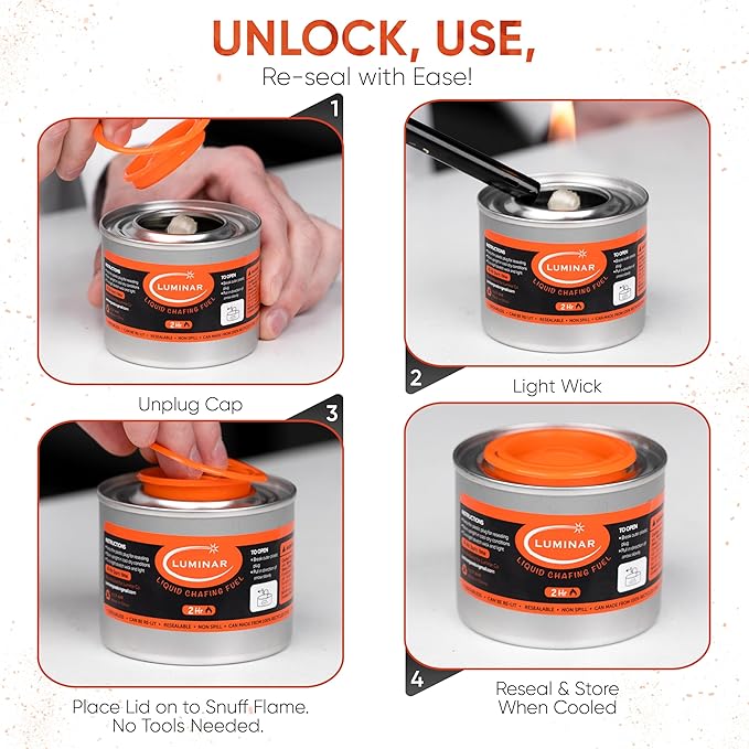 Luminar Resealable-Wick Chafing Fuel Cans, 24 Pack, 2 Hour - Premium Quality Burners for Food Warmers - No More Spills, Waste, or Hassle - Perfect for Convenient, and Long-Lasting Event Catering